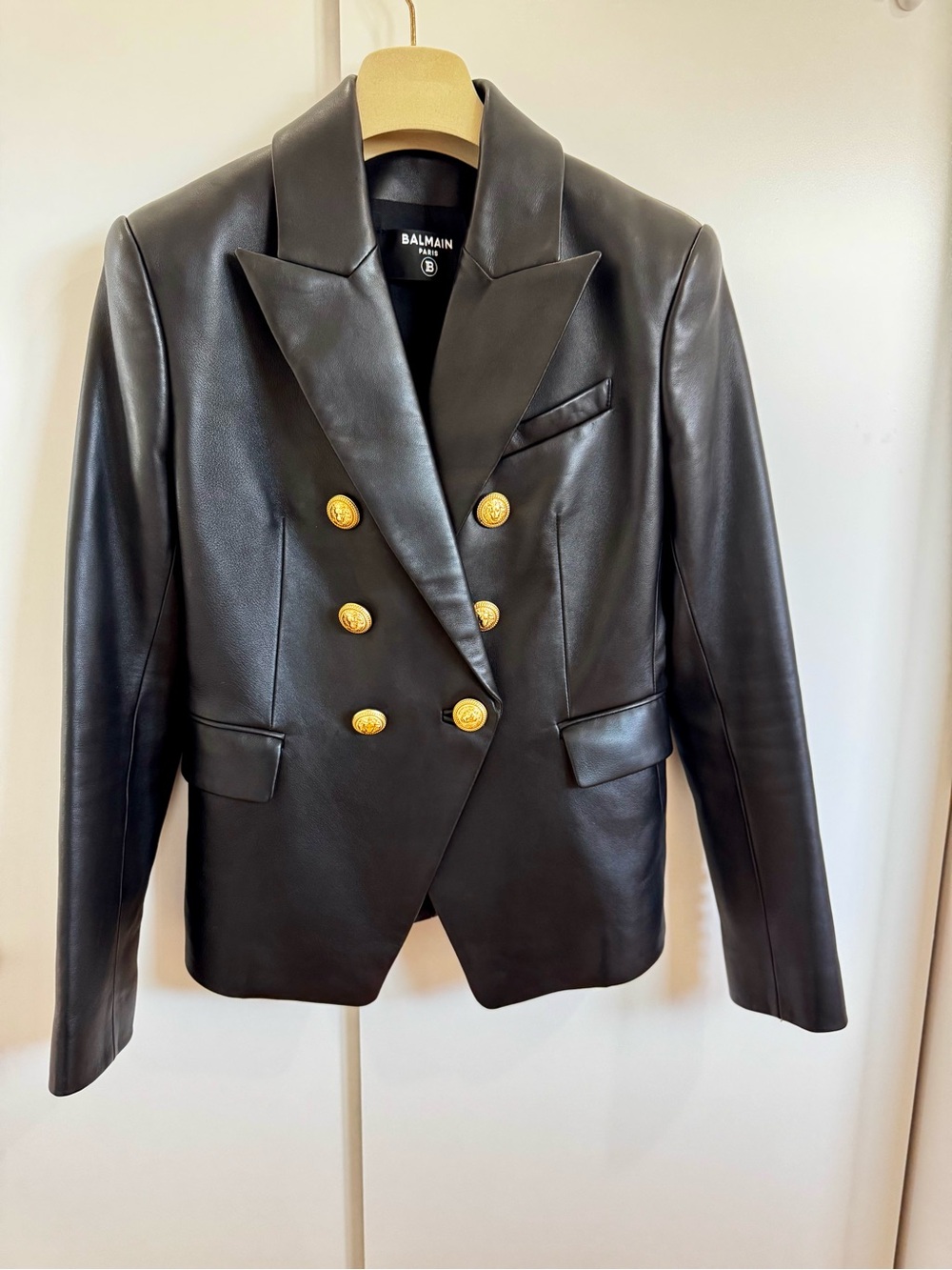 Balmain Black Double-Breasted Leather Blazer with Gold Buttons FR 42